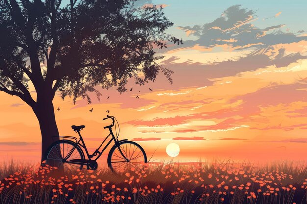 Une scène de vélo au coucher du soleil.