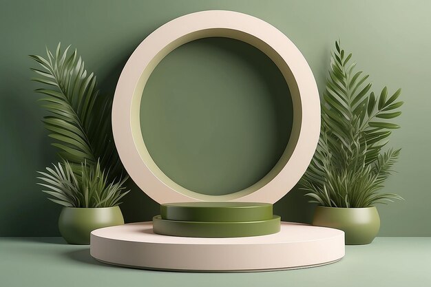 Scène verte de podiums cylindriques 3d avec plate-forme olive arrière-plan abstrait vitrine vide pour produit cosmétique scène pour la cérémonie de remise des prix vitrine de mock-up