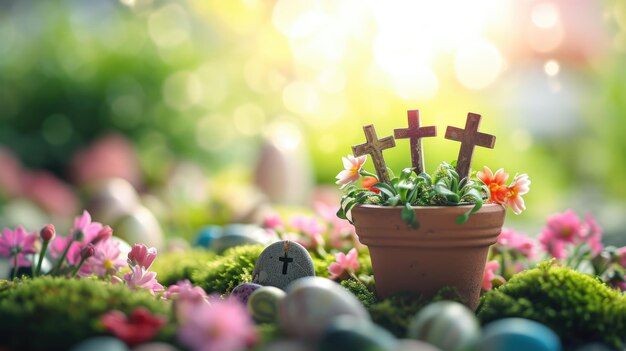 Scène vibrante de résurrection de Pâques avec des croix au milieu des fleurs printanières