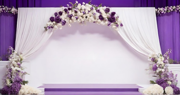 Photo scène vide blanche et violette avec décoration de fleurs