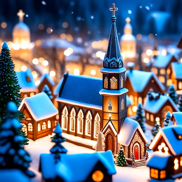 Une scène de village de Noël avec une place d'église et des rues enneigées HD UHD 4k Fine Line