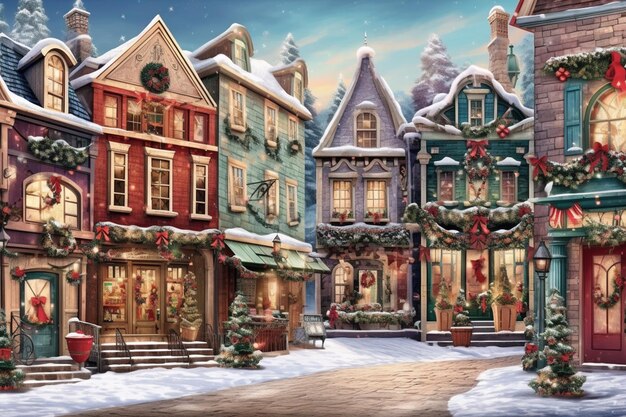 scène de village de Noël avec une rue enneigée et une maison éclairée ai générative