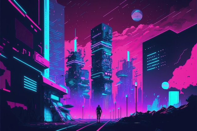 Scène de ville cyberpunk avec des structures futuristes Concept fantastique Peinture d'illustration AI générative