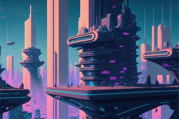 Scène de ville cyberpunk avec des structures futuristes Concept fantastique Peinture d'illustration AI générative