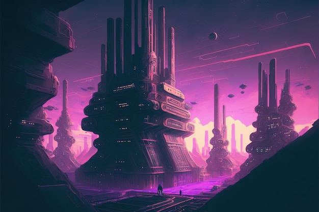 Scène de ville cyberpunk avec des structures futuristes Concept fantastique Peinture d'illustration AI générative