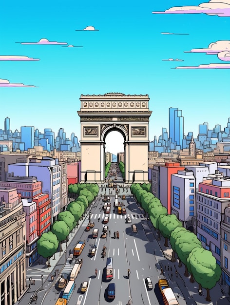 scène de ville de dessin animé avec vue sur une porte de triomphe et une rue animée ai générative