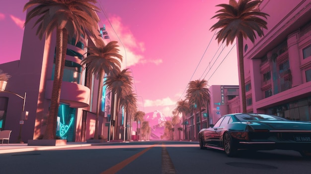 Scène de la ville de Las Vegas dans le style Vaporwavecyberpunk avec coucher de soleil et