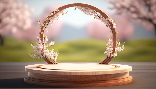 Scène de vitrine d'affichage de produit de dessus de table en bois de podium vide avec fond de fleur de cerisier de printemps