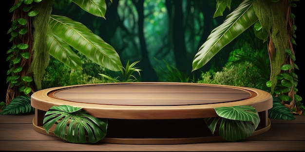 scène de vitrine d'affichage de produit de dessus de table en bois vide avec fond de feuilles de jungle luxuriante tropicale