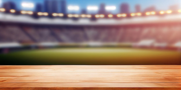 Scène de vitrine d'affichage de produit de dessus de table en bois vide avec grand fond de stade de sport ai générative