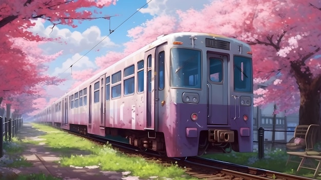 La scène sur les voies ferrées du train et des cerisiers en fleurs de style studio ghibli