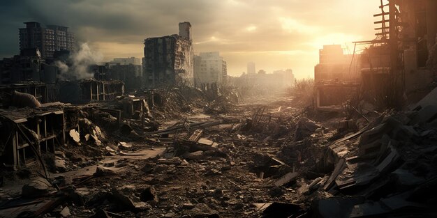 Scènes de crimes de guerre de génocide humain avec des villes détruites par les bombes