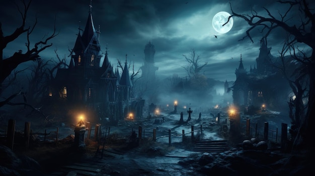 Scènes d'Halloween et château sombre avec cimetière Nuit effrayante de la pleine lune mystérieuse obscurité de la forêt