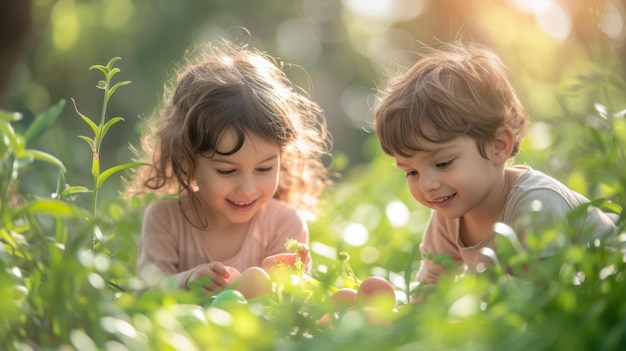 Des scènes ludiques d'enfants à la recherche de trésors cachés au milieu de la verdure luxuriante le lundi de Pâques