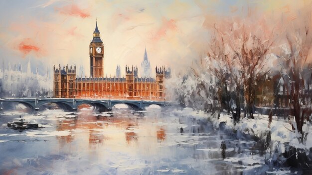 Scènes romantiques d'hiver les maisons du Parlement et le Big Ben dans le style d'Eric Wallis