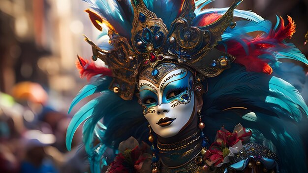 Photo scènes vénitiennes de danseuses colorées avec des plumes brillantes et du maquillage au carnaval brésilien de rio