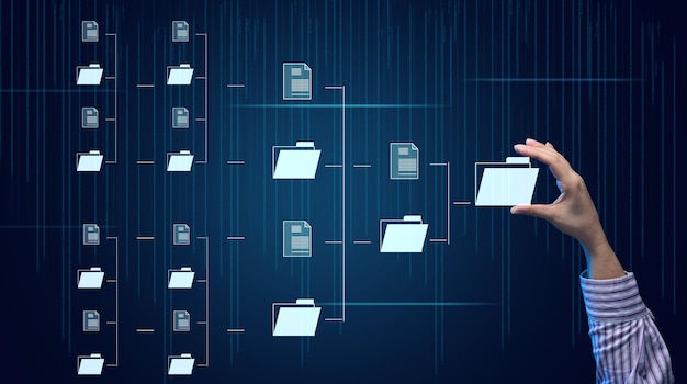 Schéma d'automatisation de la gestion électronique des documents et main féminine Transfert et archivage des documents