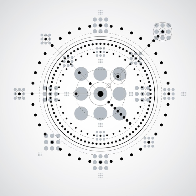 Schéma mécanique, dessin technique vectoriel monochrome avec cercles et parties géométriques du mécanisme. Le plan technique peut être utilisé dans la conception Web et comme fond d'écran.