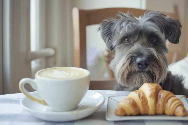 Un schnauzer attend à côté du café et du croissant.