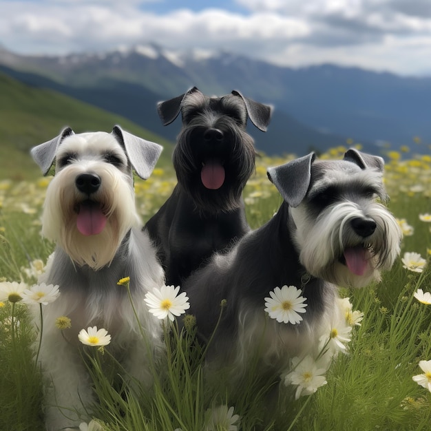 Schnauzers de beauté canine de la nature au milieu de fleurs colorées et de montagnes à couper le souffle