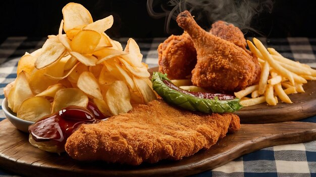 Photo schnitzel au pain fait maison avec des chips de pommes de terre poulet frit avec des frites fo européennes