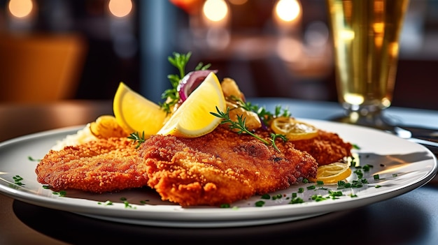 Schnitzel de Vienne avec un plat d'accompagnement dans un restaurant de cuisine traditionnelle autrichienne AI généré