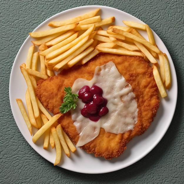 un schnitzel Wiener original avec des frites et des canneberges