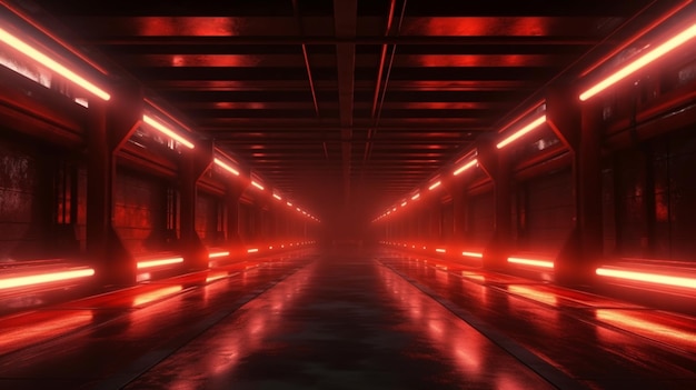 Sci Fi Futuriste Laser Rouge Néon Grange Garage Brillant ai génératif