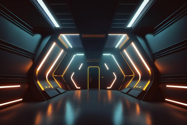 Sci Fi studio futuriste scène chambre noire dans la station spatiale avec fond de néons lumineux