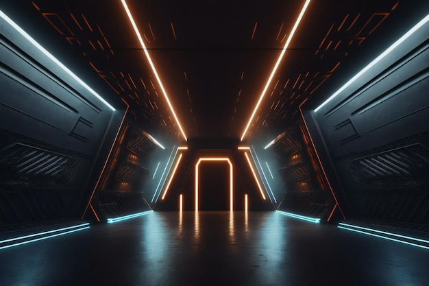 Sci Fi studio futuriste scène chambre noire dans la station spatiale avec fond de néons lumineux