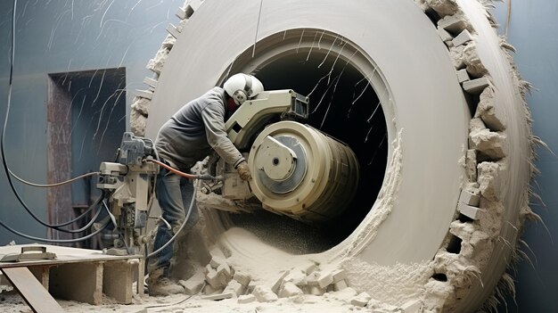 La scie à béton en action coupe le béton armé