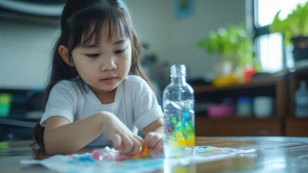 Photo science amusante et facilefille asiatique de 5 ans faisant une expérience d'eau marchela couleur de la nourriture ajoute à l'eau