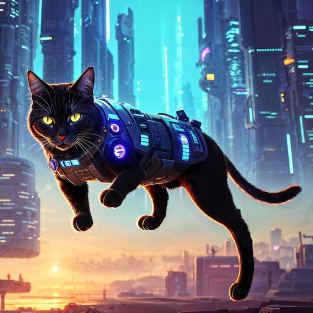 Photo science-fiction futuriste de chat néon dans la nuit ia générative de la ville