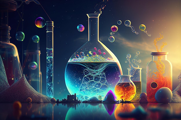 Science fond illustration conception scientifique Flacons verre et chimie physiqueGenerative AI