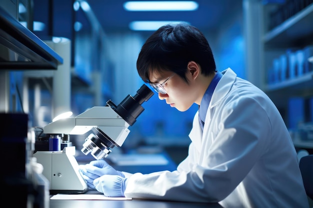 scientifique absorbé par l'observation d'une lame de microscope capturant leur concentration medical