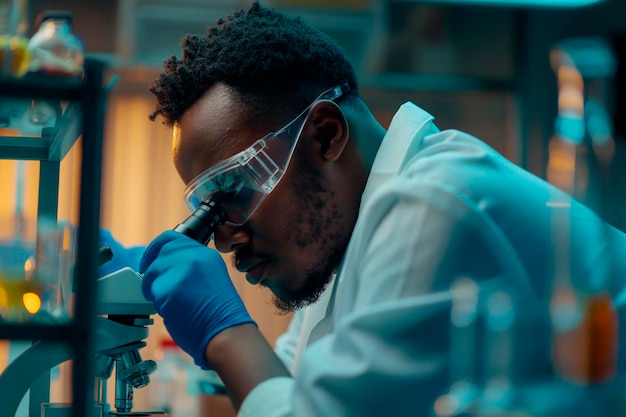 Un scientifique africain travaillant au laboratoire examine au microscope