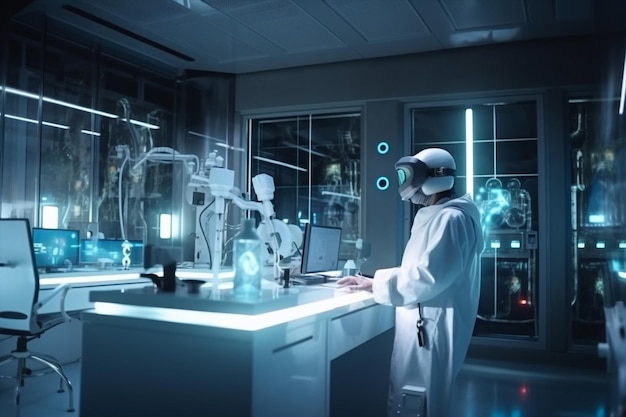 Scientifique ai génératif travaillant dans un laboratoire futuriste portant des lunettes de sécurité