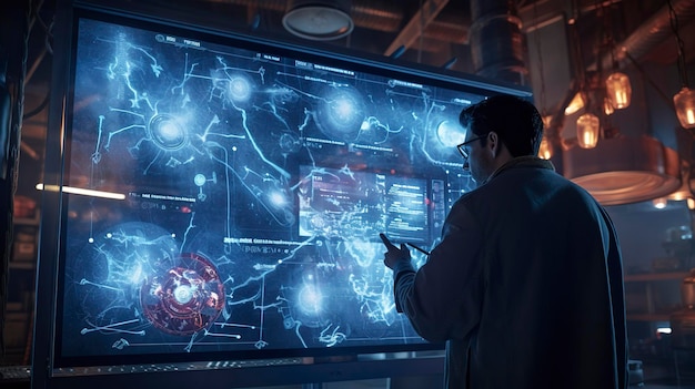 Un scientifique analyse un écran holographique avec des graphiques futuristes dans un laboratoire de haute technologie