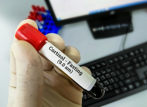 Un scientifique ou un biochimiste détient des échantillons de sang pour le test matinal de cortisol à 9 h