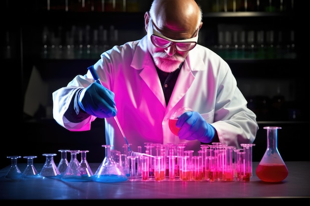 Scientifique en blouse de laboratoire remuant une solution fluorescente