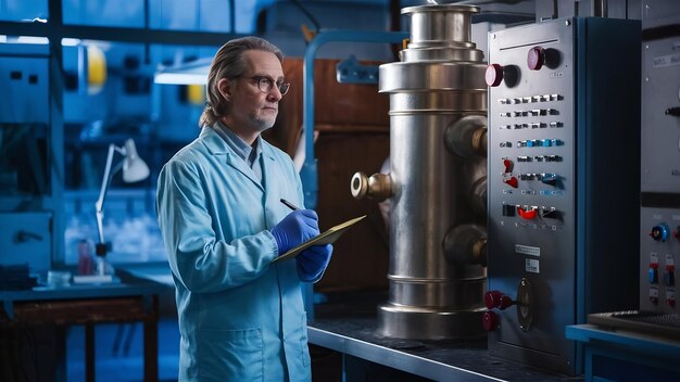 Photo un scientifique caucasien en uniforme de laboratoire bleu se tient près d'une grande machine en acier avec un panneau de contrôle et prend des notes.