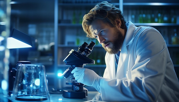Un scientifique en chemise de laboratoire observe attentivement des spécimens au microscope dans un laboratoire bien éclairé