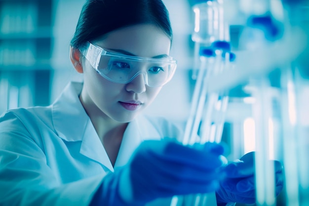 Un scientifique ou chercheur asiatique portant des lunettes et un masque regardant un tube à essai contenant une solution transparente dans un laboratoire de recherche médicale