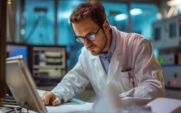 Un scientifique concentré dans une chemise de laboratoire examine les données tard dans la nuit entouré d'équipements, il incarne le dévouement et la précision dans la recherche.