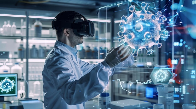 Un scientifique dans une interface de réalité virtuelle manipulant des modèles 3D de virus pour la recherche de vaccins dans un laboratoire futuriste