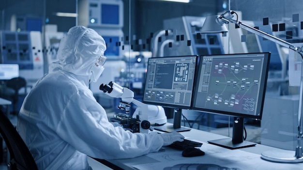Un scientifique dans un laboratoire regardant un écran d'ordinateur avec un microscope.