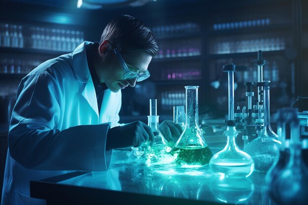 Un scientifique effectuant un test de laboratoire avec un produit chimique génératif