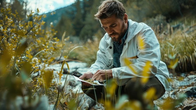 Scientifique de l'environnement effectuant des recherches sur le terrain