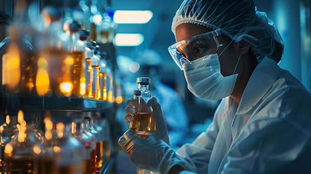 Scientifique examinant des bouteilles dans un laboratoire chimique Science et industrie pharmaceutique