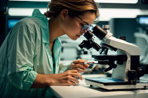 Scientifique examinant la découverte de la biochimie avec un microscope en laboratoire